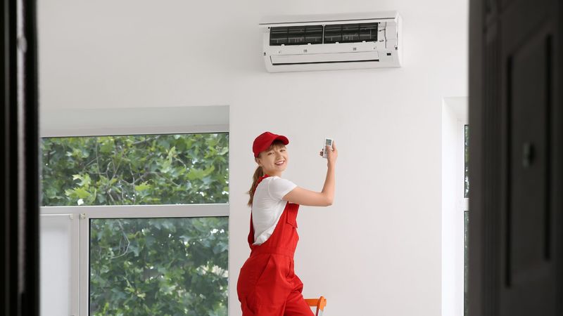 Technician installing a residential split system