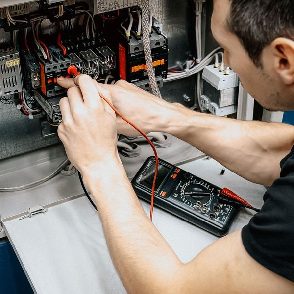 Certified electrician testing air conditioning controls